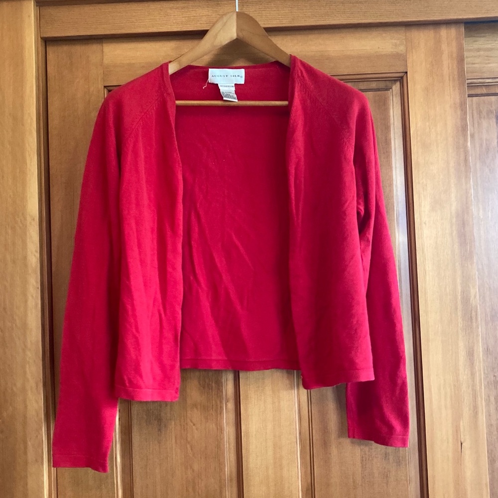 August Silk Button Up Red Cardigan Size Large